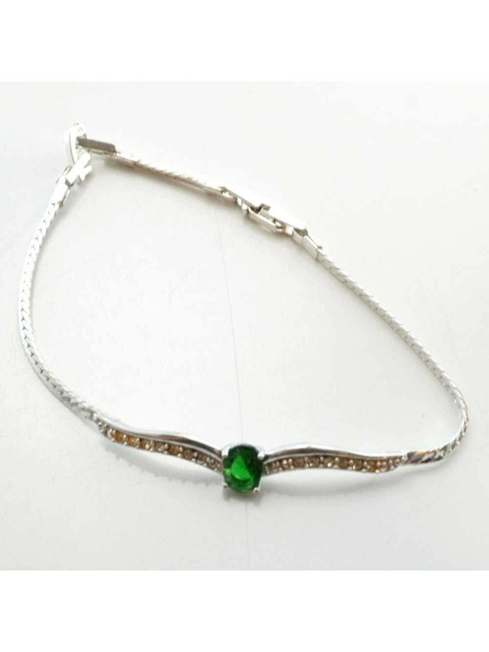 Avon Green Gemstone Rhinestone Bracelet Silver-Tone